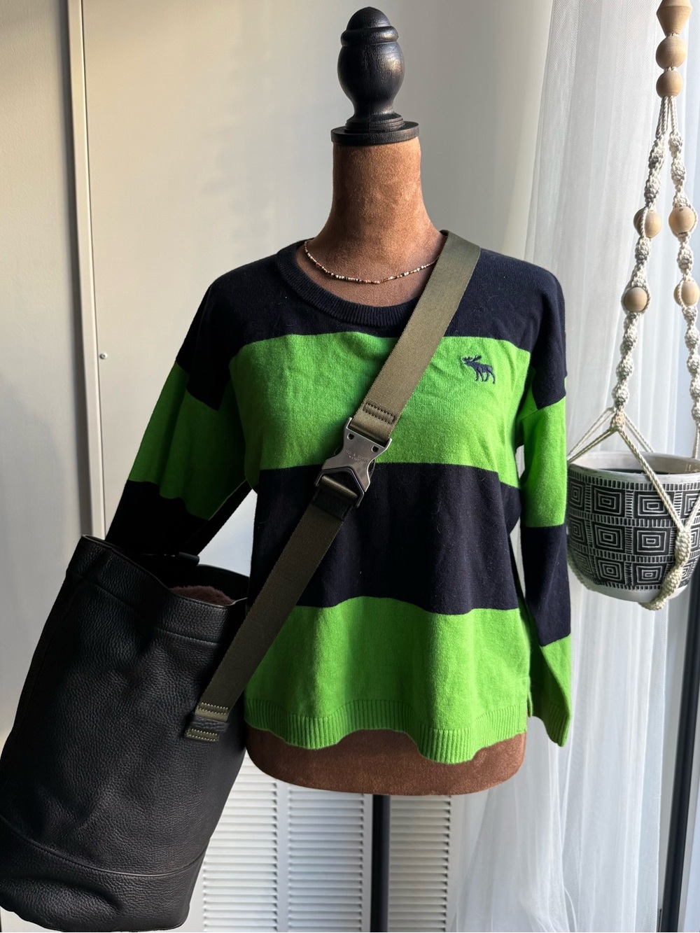 Rag & Bone Black Walter Leather Bag with Green Strap